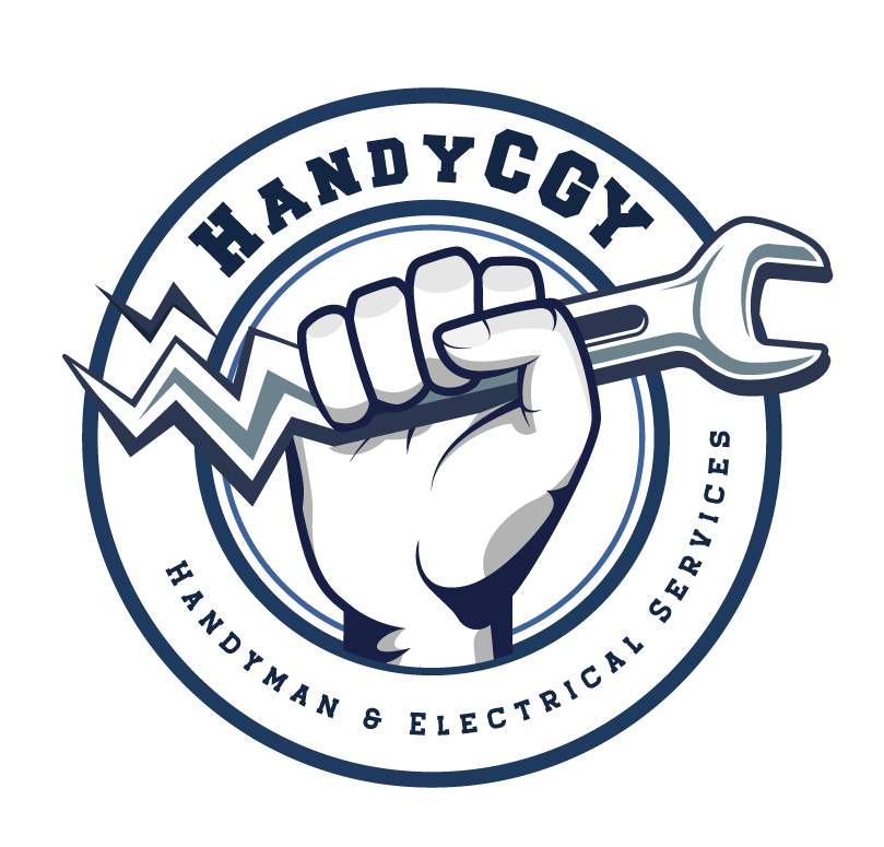 Logo for HandyCGY, featuring a stylized white fist holding a wrench with a lightning bolt across it. A circular border surrounds the design with "Handyman & Electrical Services" written along the bottom.