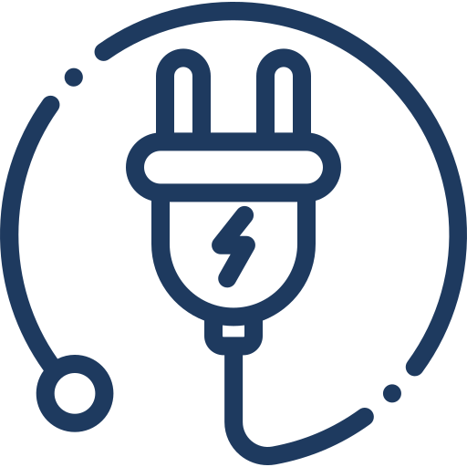 Icon of an electrical plug with a lightning bolt symbol, encircled by a dotted line, representing connectivity or power. The design is simple and monochromatic in dark blue.