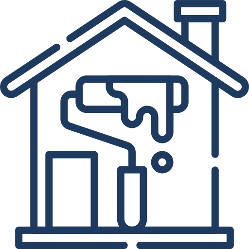 A simple line drawing of a house with a chimney, featuring a large paint roller in the center, suggesting home renovation or painting services. The illustration is in a monochrome blue color scheme.