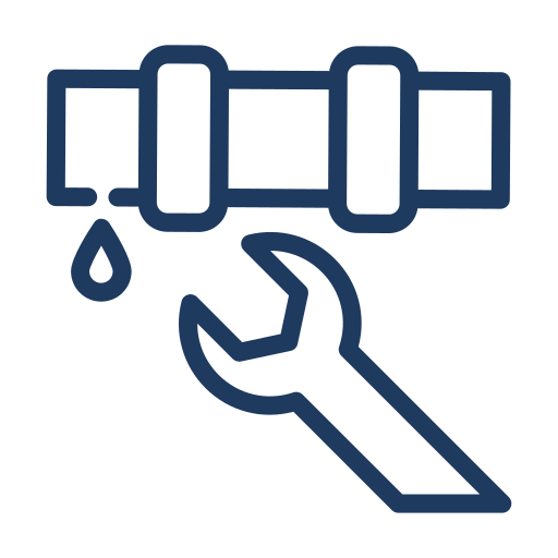 Icon of a wrench under a leaking pipe, with a single drop of water falling from it. The illustration is simple, outlined in dark blue, and suggests plumbing or repair work.